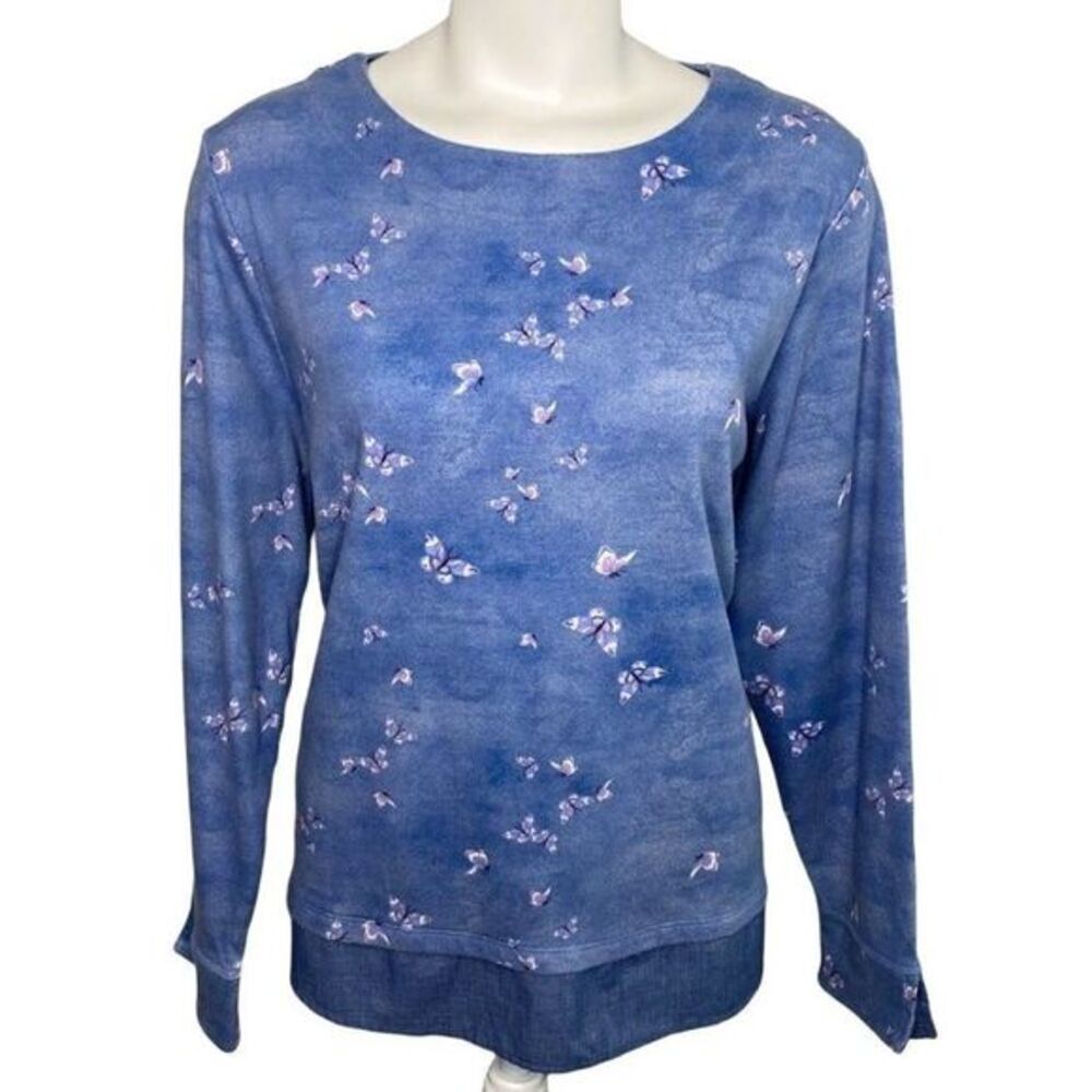 Croft & Barrow Blue Butterfly Long Sleeve Layered Look Top Sz PXL